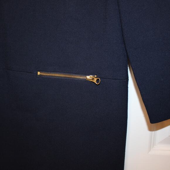 J.CREW Faux Leather Trim Navy Blue Black Zip Pocket Straight Dress | 4 - Picture 7 of 14